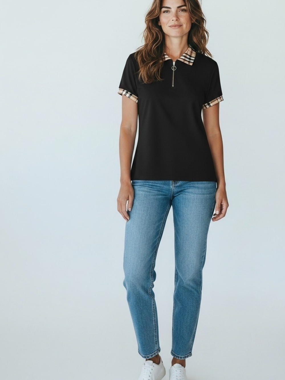 Navy Polo Top with Plaid Trim by